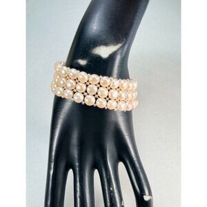 Vintage Natural Freshwater Pearl Wide Stretch Bracelet 3 Row Statement MCM